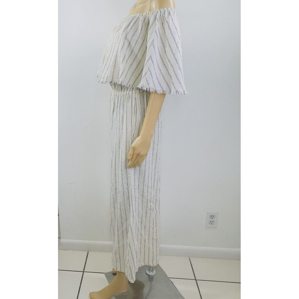 Elan Ruffled Raw‎ Hem Off The Shoulders Striped Jumpsuit With Pockets Size M - Picture 2 of 6